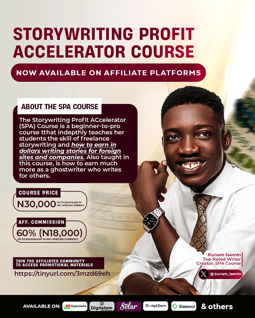 Kunam_Isemin's tweet image. The best paying product right now in the writing niche.❌🧢 

With the kind of results this course is producing daily, If you&apos;re an Affiliate Marketer and you&apos;re not promoting the #SPACOURSE, you&apos;re not only depriving people of financial success through writing, you&apos;re also…