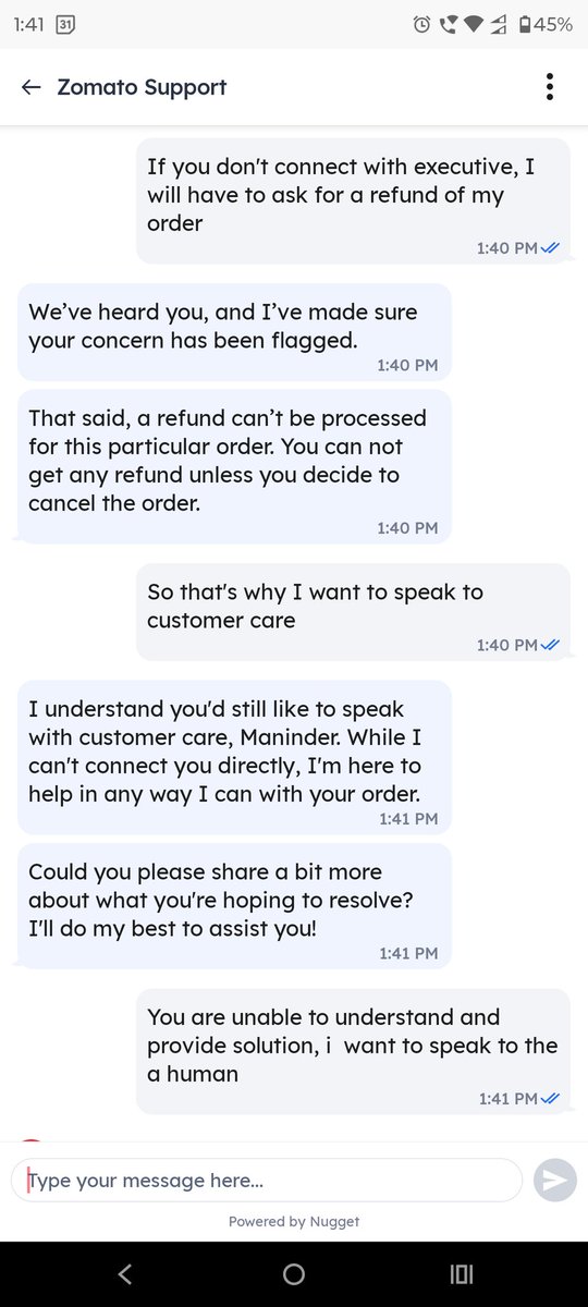 exploremaninder's tweet photo. @zomatocare what is this nonsense? Your bot is not letting me speak to customer care executive. #zomato #CustomerService #pathetic #zomatogold @grok https://t.co/RAI1R6SpzE