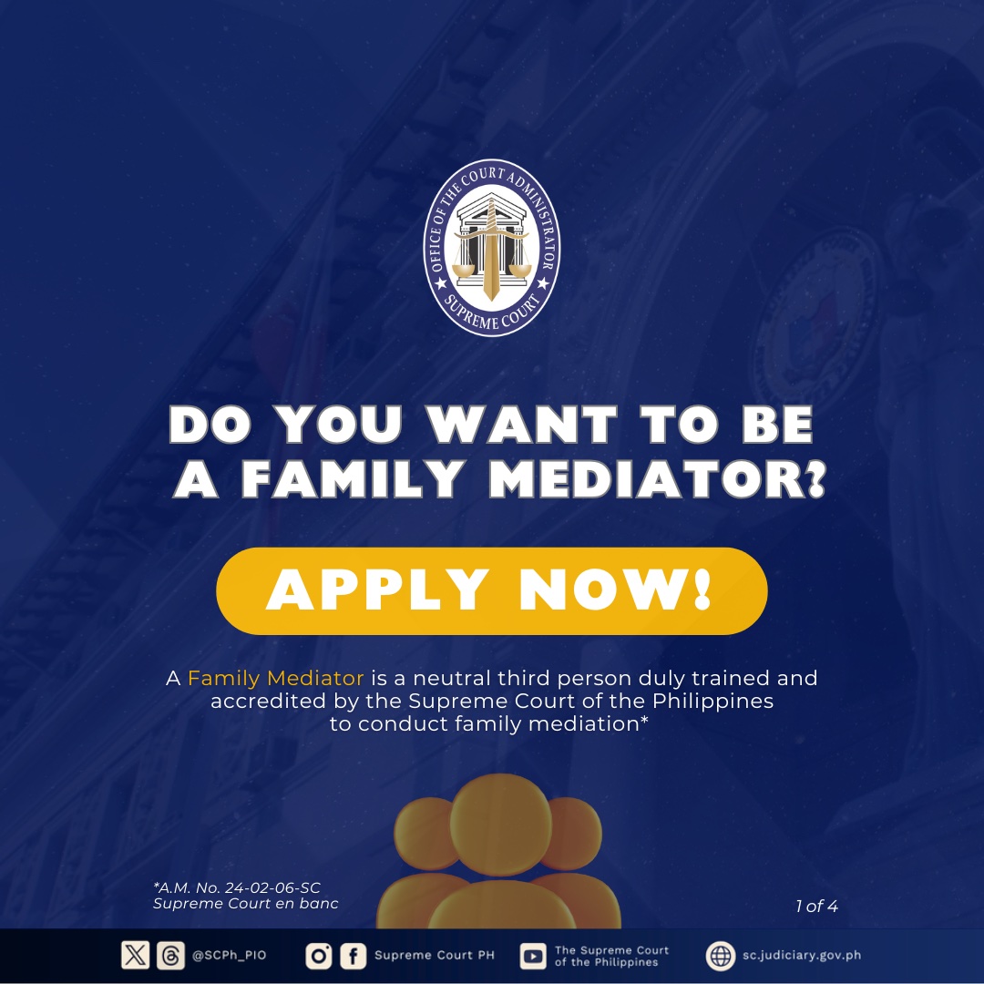 SCPh_PIO's tweet photo. Applications for the Family Mediator role remain open until June 30, 2025!

The #SupremeCourtPH, through the Office of the Court Administrator, is seeking qualified individuals to serve as a Family Mediator.

Read the announcement in full at https://t.co/xg3IF9XRAq https://t.co/S9QRz5YjDQ