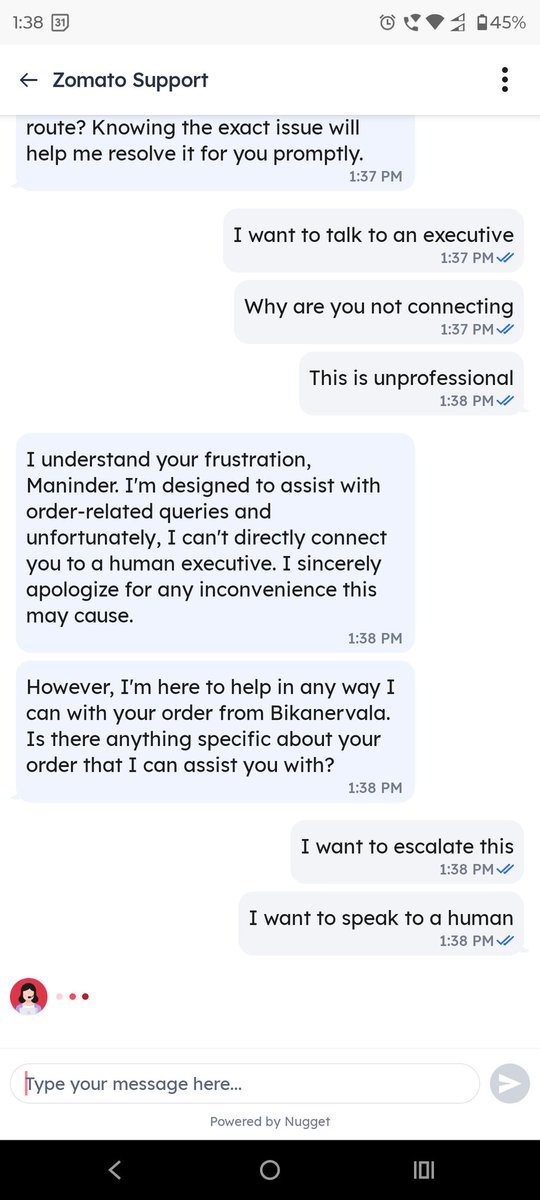 exploremaninder's tweet photo. @zomatocare what is this nonsense? Your bot is not letting me speak to customer care executive. #zomato #CustomerService #pathetic #zomatogold @grok https://t.co/RAI1R6SpzE