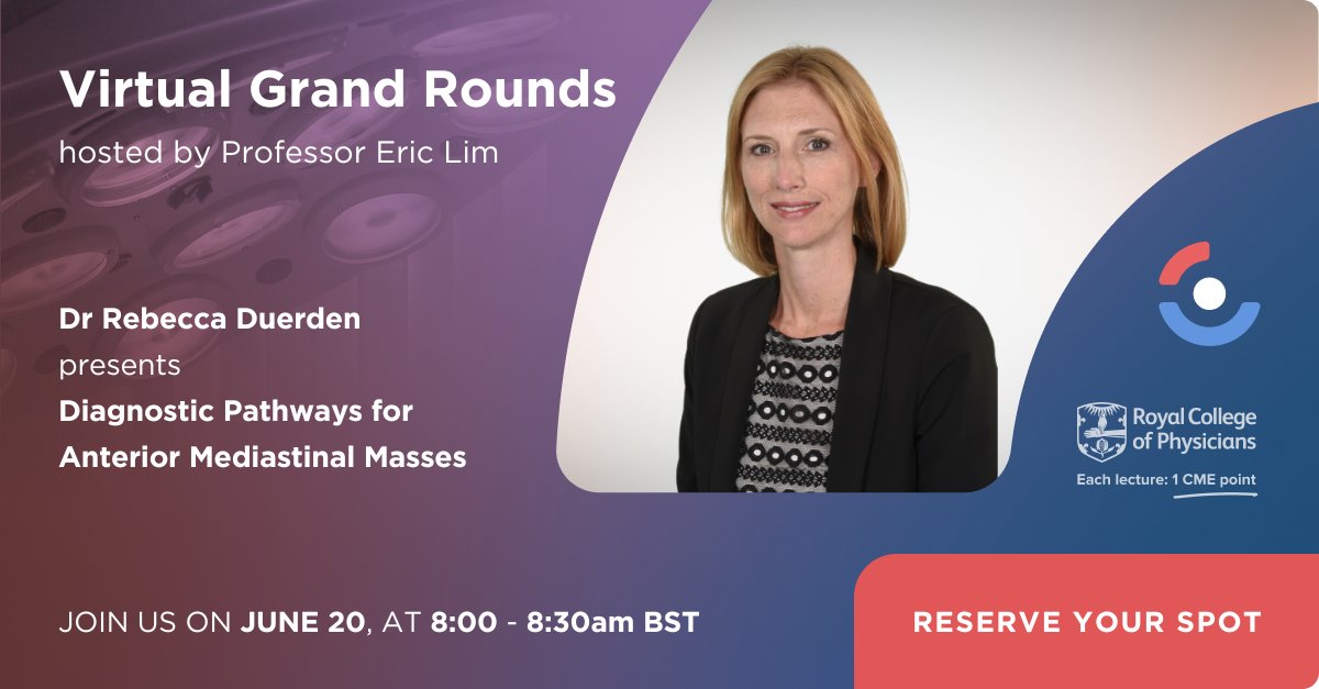 virtual Grand Rounds (@vgrandrounds) on Twitter photo Don't forget to join us tomorrow at 8 am (UK time) when Dr Rebecca Duerden (<a href="/BeccaDuerden/">Becca Duerden</a>), Thoracic Radiologist at <a href="/StockportNHS/">Stockport NHS FT</a>, presents Diagnostic Pathway for Anterior Mediastinal Masses
Register here: drericlim.com/brompton-grand…
Join live to earn 1 CME point! Don't forget to join us tomorrow at 8 am (UK time) when Dr Rebecca Duerden (<a href="/BeccaDuerden/">Becca Duerden</a>), Thoracic Radiologist at <a href="/StockportNHS/">Stockport NHS FT</a>, presents Diagnostic Pathway for Anterior Mediastinal Masses
Register here: drericlim.com/brompton-grand…
Join live to earn 1 CME point!