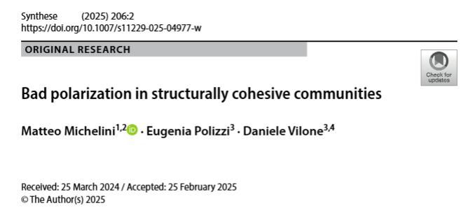 MatteoMich20's tweet photo. My paper on belief polarization has just been published in Synthese (@SpringerNature): https://t.co/1aMyEYQrbK 

I wrote it with @EugeniaPolizzi and @DanieleVilone (@LABSS_CNR), and it talks about the minimal conditions for polarization given that beliefs are socially adaptive. https://t.co/y7hFYCvVkt