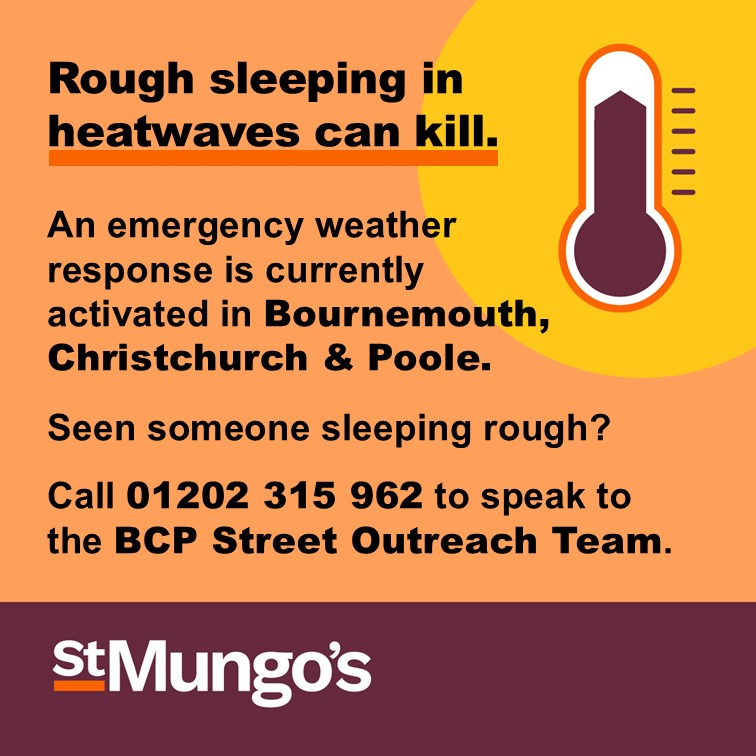 ⚠️☀️ Hot Weather Severe Weather Emergency Protocol (SWEP) is now active.

The Severe Weather Emergency Protocol (SWEP) mean we work with <a href="/StMungos/">St Mungo's</a> to provide extra support to those sleeping rough.

(1/2)