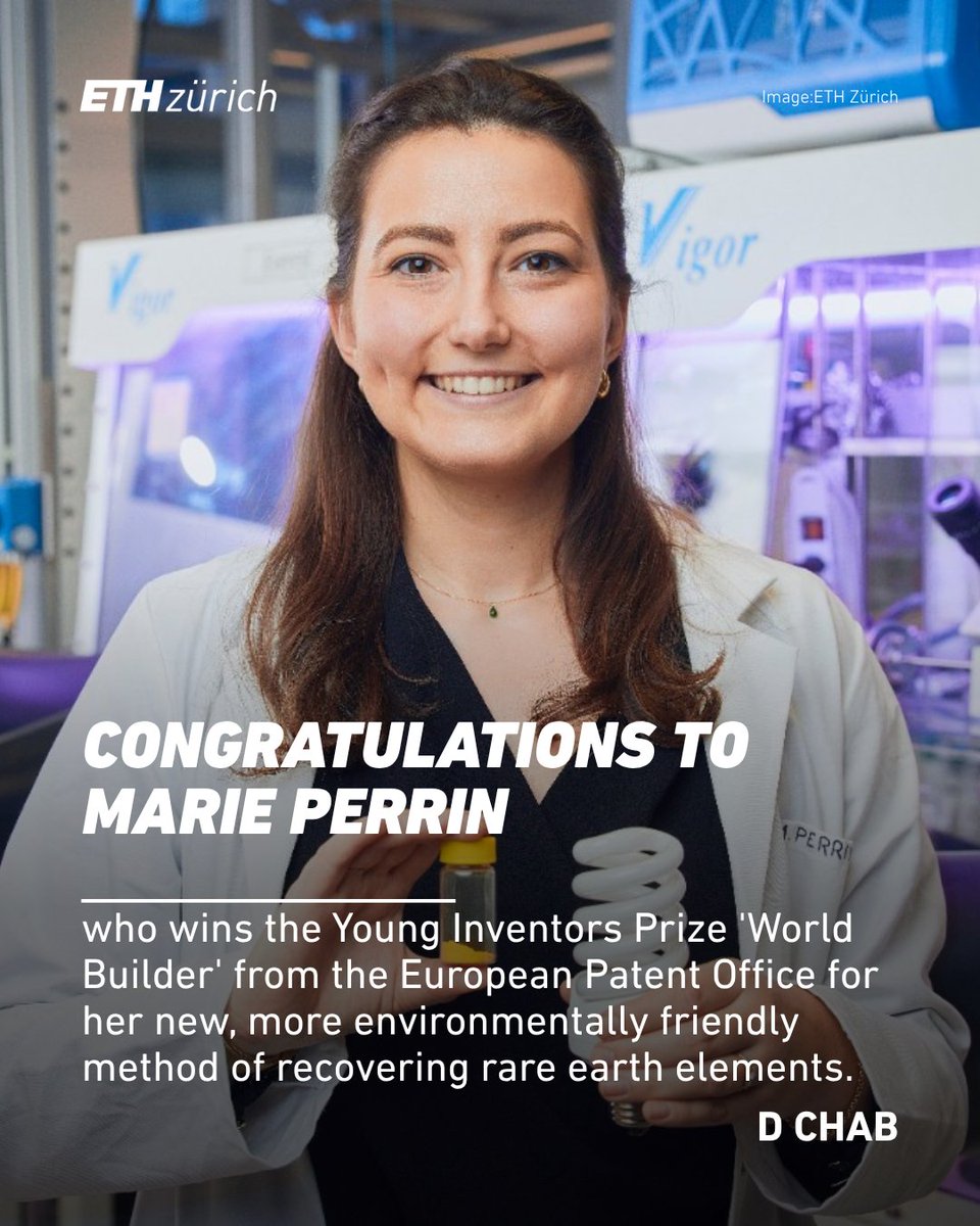 ETH_DCHAB's tweet image. The French-American chemist Marie Perrin (Mougel Group) has been selected as one of the ten finalists for the European Patent Office’s Young Inventors Prize 2025 and received the prize in the "World Builder" category! Learn more reading our news:
ethz.ch/staffnet/en/ne…