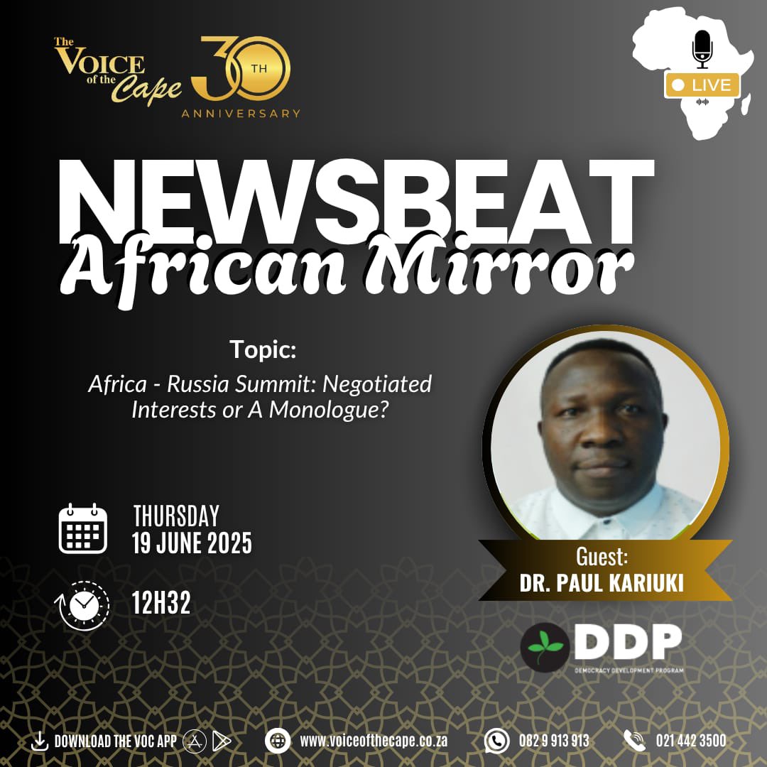 DDP Executive Director will be sharing insights on Africa - Russia Summit: Negotiated Interests or A Monologue?

Tune in today and don’t miss out.

Date : 19 June 2025
Time : 12:32

Tune in live on 91.3 FM or catch the segment on the VOC app 📱🎧

vocfm.co.za/live-stream/