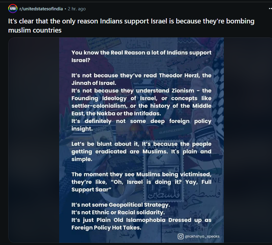 EL95468816's tweet photo. This is the kind of toxic communal hate Reddit is enabling and accusing an entire country’s people of Islamophobia because they support Israel? How is this allowed, @Reddit? #RedditBias #Hinduphobia #StopHate #IndiaWithIsrael #DisinfoWatch #RedditIndia @AadiAchint @ajaykraina https://t.co/36CJ5k4Rtx