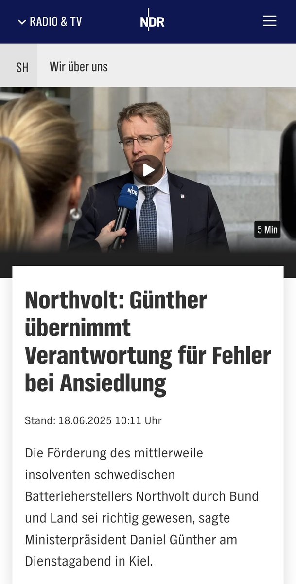 Respekt für diesen geraden Rücken: "Nein, diese Fehler, dafür stehe ich natürlich als Ministerpräsident in Schleswig-Holstein an der Stelle auch gerade [...] Ich trage natürlich die Hauptverantwortung, dass wir das machen." so <a href="/DGuenther_CDUSH/">Daniel Günther</a>. #Northvolt

ndr.de/nachrichten/sc…