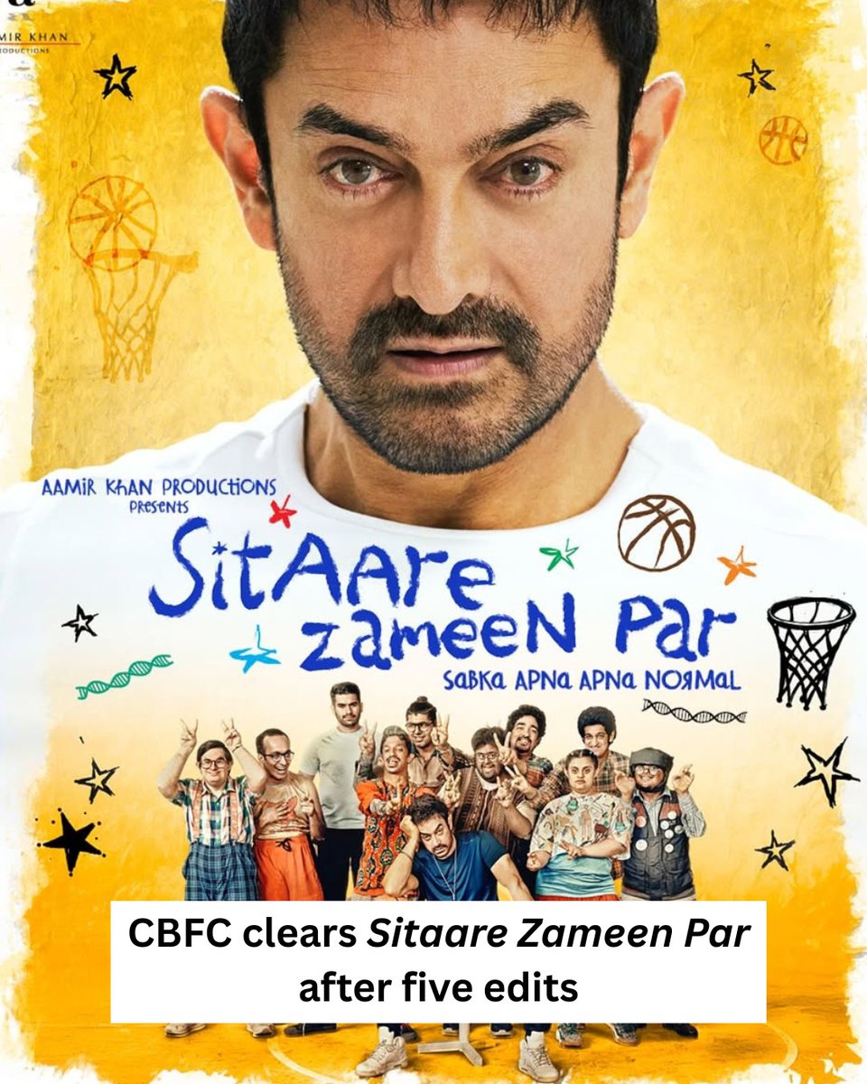 The Central Board of Film Certification clears #SitaareZameenPar after 5 edits: ‘Michael Jackson’ changed to ‘Lovebirds’, ‘Business Woman’ to ‘Business Person’, ‘Kamal’ visual removed, and disclaimer updated with a voiceover
#AamirKhan #trending #bollywoodmovie #censorboard