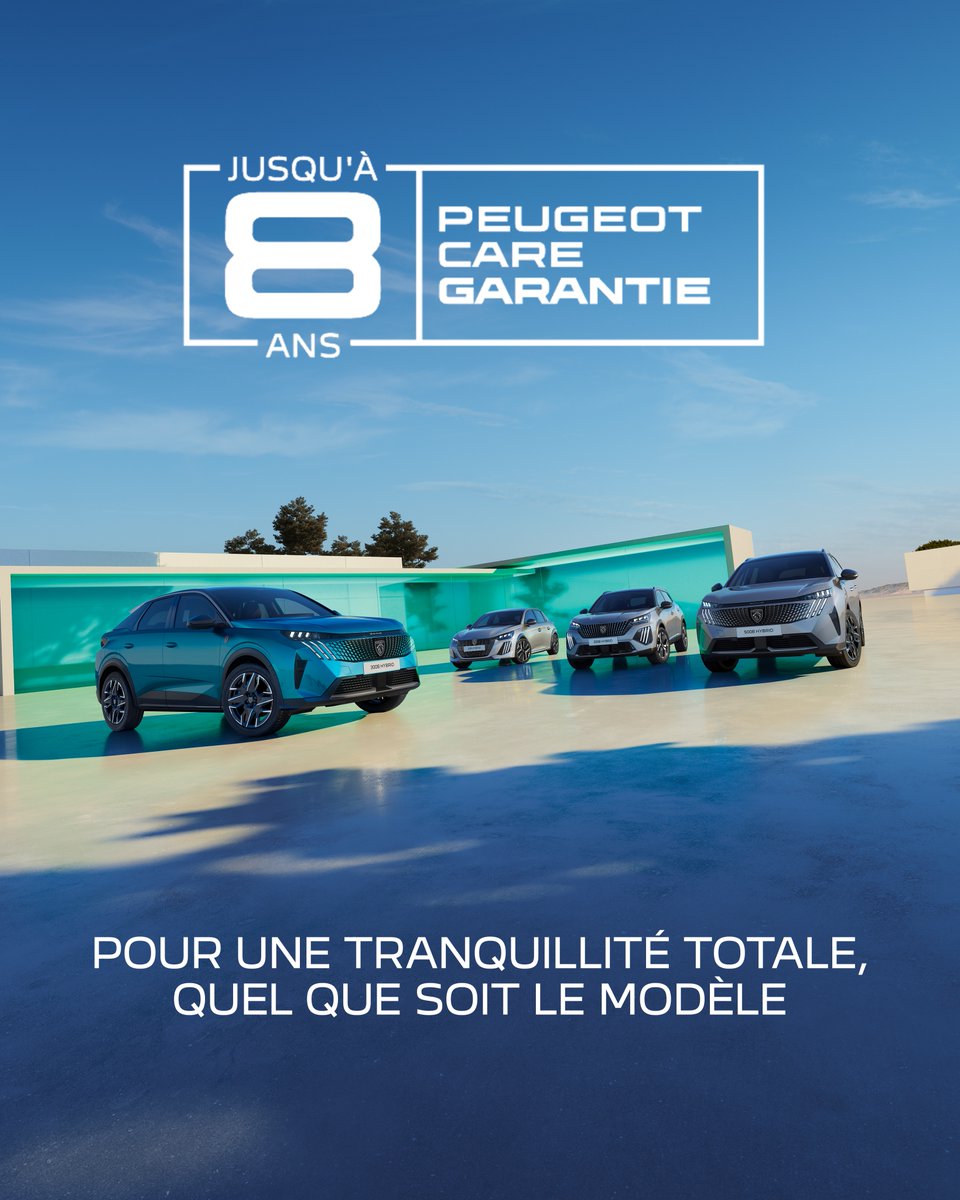 Confiant dans la fiabilité et la robustesse de tous ses modèles, PEUGEOT étend son programme PEUGEOT CARE GARANTIE, initialement réservé aux motorisations électriques, à l’ensemble de sa gamme. Une couverture jusqu’à 8 ans/160 000 km, pour une sérénité totale.