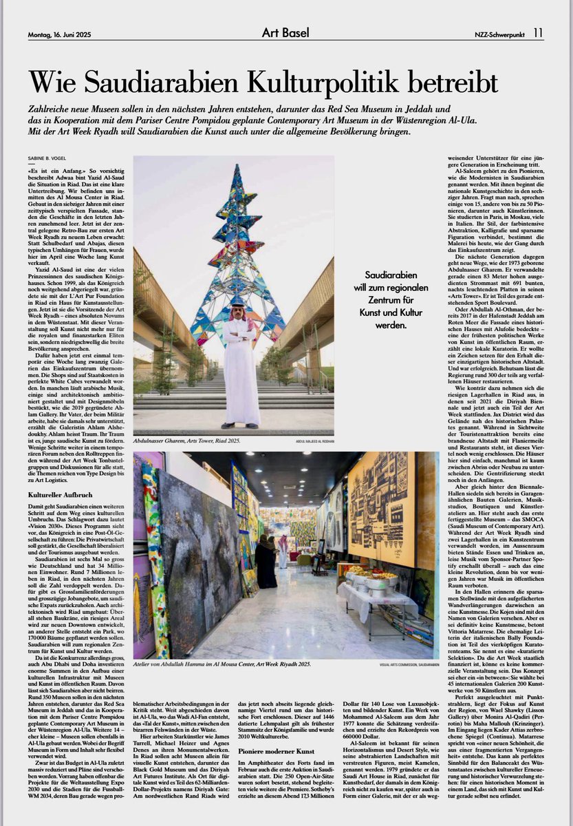 Proud to see my work “Art Tower” mentioned in Switzerland’s NZZ newspaper as part of a feature on Saudi Arabia’s fast-growing cultural movement during Art Week Riyadh.
Grateful to everyone who’s been part of this journey!

#ArtTower #SaudiArt #NZZ #ContemporaryArt #MiddleEastArt