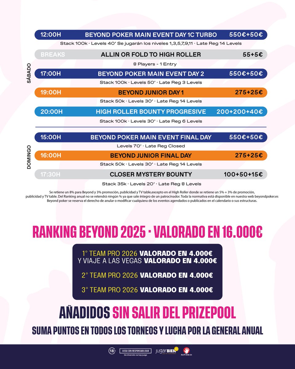 🎉 ¡Beyond Poker aterriza en Sevilla! 🇪🇸🔥

Tercera parada del circuito y una de las más esperadas del año… ¡nos vamos al sur!🌞

🔥 Tv Table
🔥 Merchandising
🔥 Beyond Project
🔥 Clasificados
🔥 Ranking General

📅 Del 15 al 20 de julio
📍 @casinoadmiralsevilla

#BeyondPoker