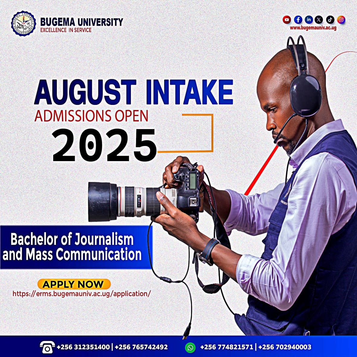 UnivBugema's tweet photo. Journalism and Mass communication is Here
Admissions Available 
Apply at https://t.co/Rvcwc0ZEdM https://t.co/jg5kIljtwm