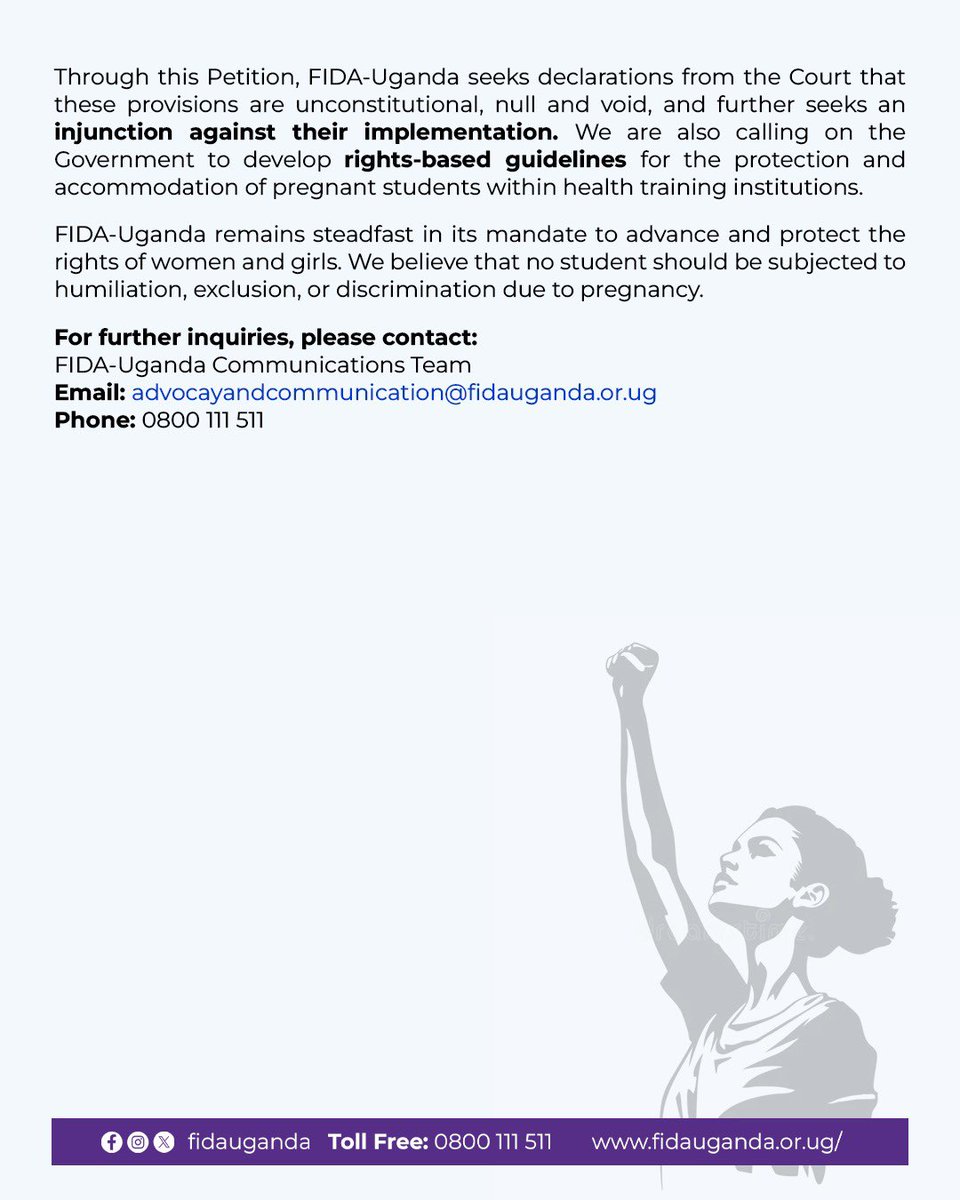 FIDA Uganda (@fida_uganda) on Twitter photo PRESS RELEASE: Today, we have filed a Case at the Constitutional Court of Uganda challenging the legality and constitutionality of Regulation 2.9 of the Health Training Institution’s Rules and Regulations 2021, issued of the Ministry of Education and Sports (<a href="/Educ_SportsUg/">Ministry of Education and Sports - Uganda</a>). ⚖️ PRESS RELEASE: Today, we have filed a Case at the Constitutional Court of Uganda challenging the legality and constitutionality of Regulation 2.9 of the Health Training Institution’s Rules and Regulations 2021, issued of the Ministry of Education and Sports (<a href="/Educ_SportsUg/">Ministry of Education and Sports - Uganda</a>). ⚖️
