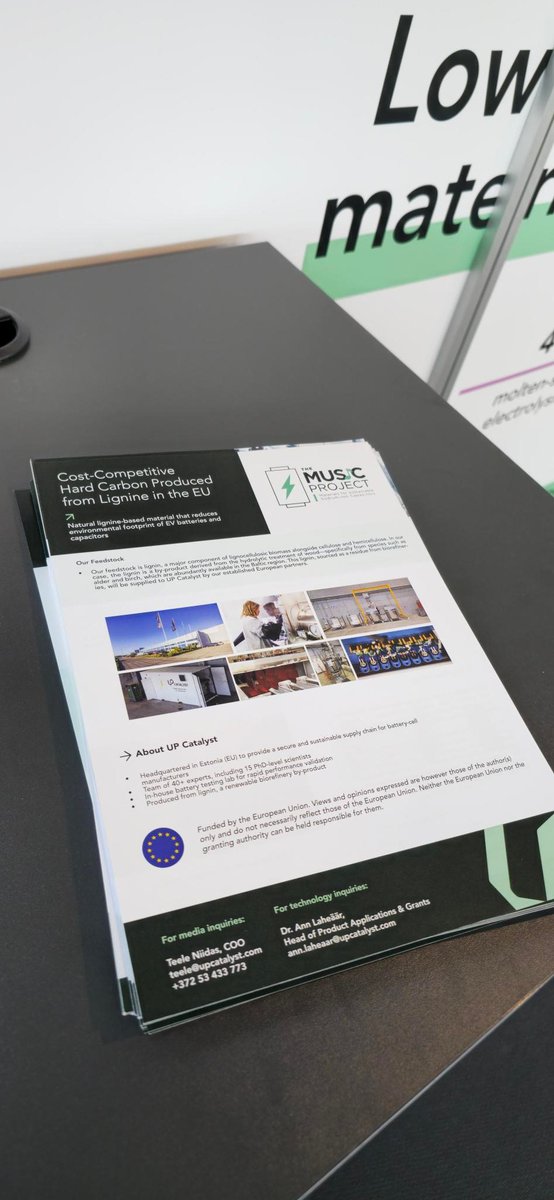 🔋 UP Catalyst was at #BatteryShowEurope 2025 (June, Stuttgart) presenting their EU-funded hard carbonfor sodium-ion batteries!

🌱 Made from lignin, it's cost-competitive, climate-negative &amp; sustainably sourced in Europe.
Proud to share this within the #MUSICproject!