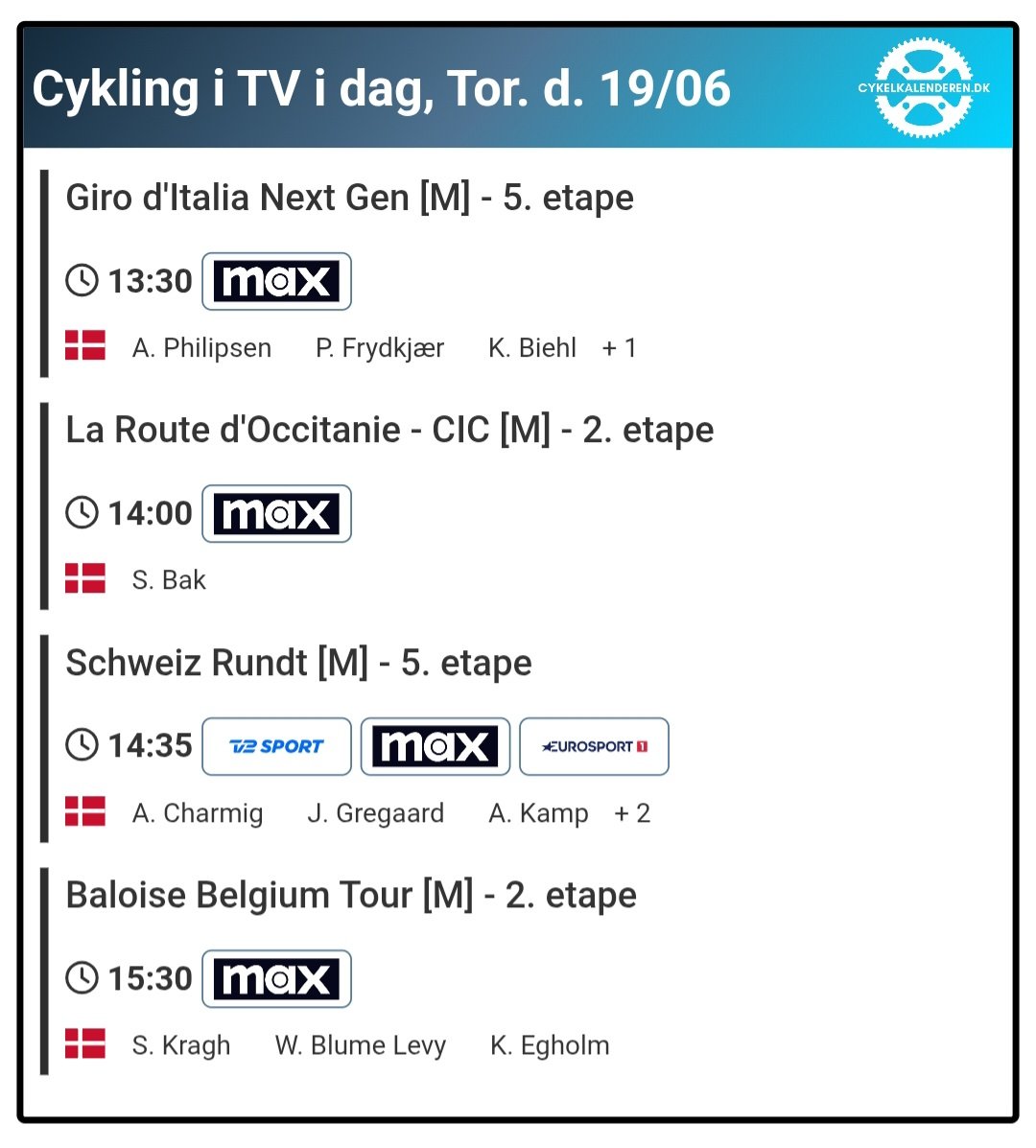 Cykelkalenderen's tweet photo. 🚴‍♂️ 4 løb på 🖥 i  dag 

🇩🇰 13 danskere kan følges 

#cyklingdk https://t.co/l93Ohh3tmk