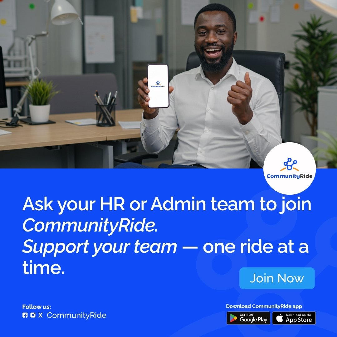 CommunityRideNG's tweet photo. π£ Talk to your HR/Admin team today. Support your staff β one ride at a time.
#CommunityRide #Ridepooling #Carpooling https://t.co/j0V9dbzC51