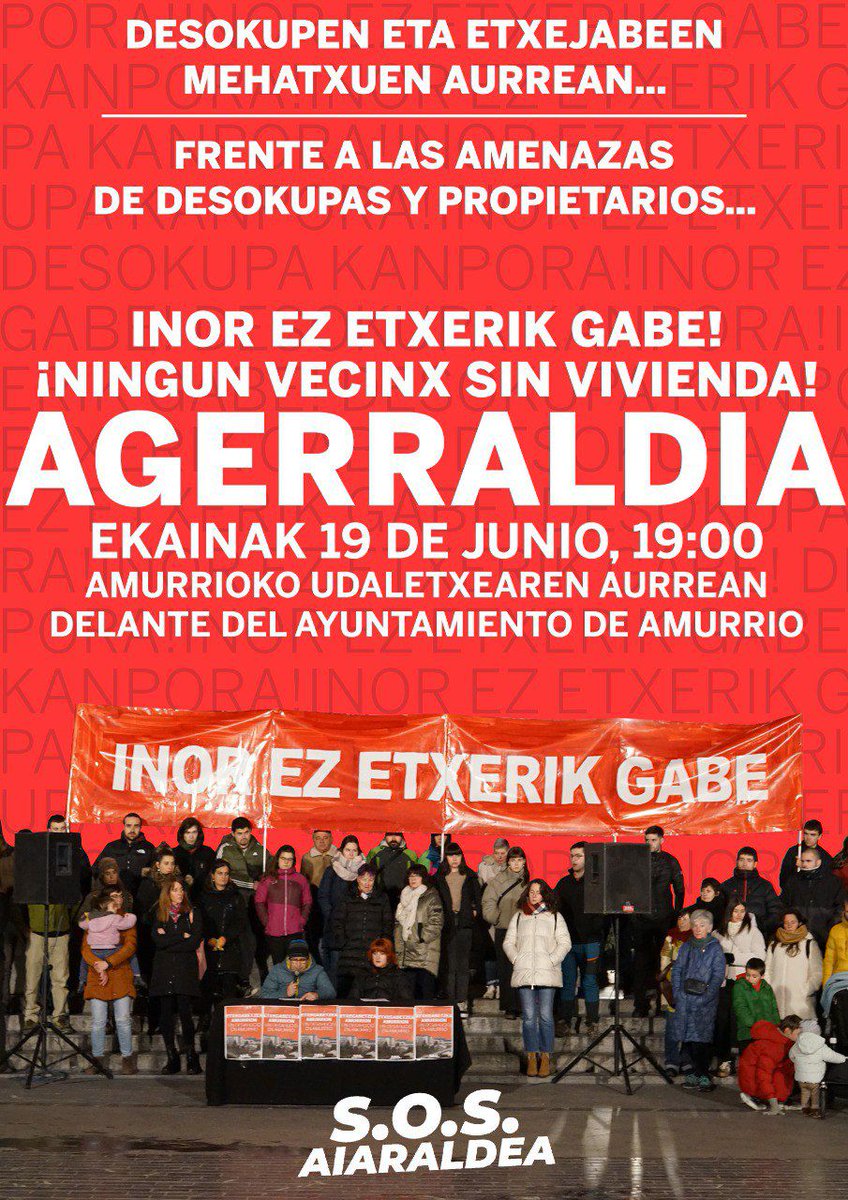 🔴 GOGORATU! 🔴 

🔊 Gaur arratsaldean agerraldia Amurrion 🔊 

Desokupen eta etxejabeen mehatxuen aurrean, Amurrion inor ez etxerik gabe!

Animatu bertaratzera! ✊