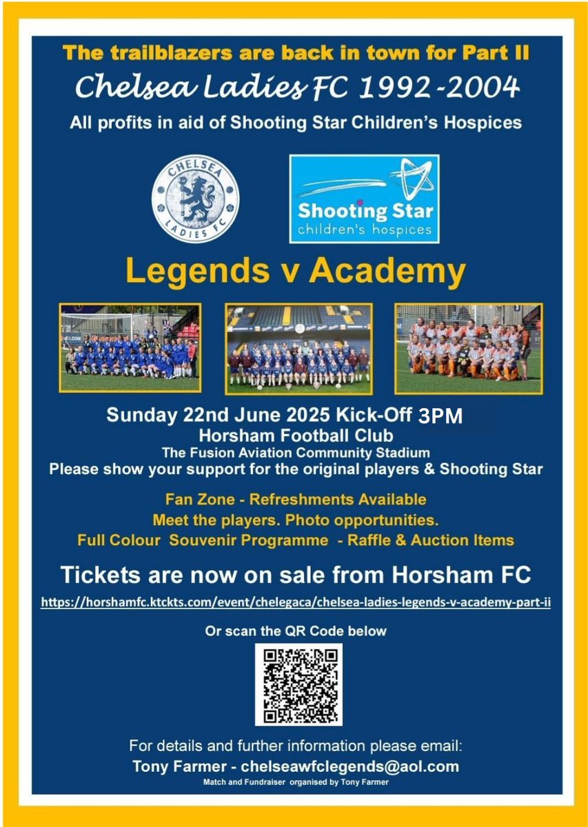 🦁 Chelsea Legends vs Academy II🦁 

This Sunday the Club are hosting <a href="/tonychelsealfc/">Chelsea Ladies Charity Match</a> Legends at the stadium in aid of @sschospices 

⚽ Football
📸 Photo opportunities
🤝 Meet the players
🎟️ Raffle &amp; Auction

Get your tickets 👇 
horshamfc.ktckts.com/event/chelegac…