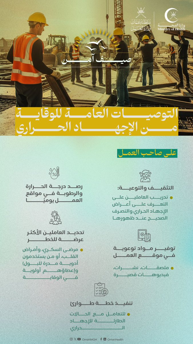 🔹التوصيات العامة للوقاية من #الإجهاد_الحراري
على صاحب العمل أن يلتزم بالتوصيات الآتية لـ #صيف_آمن من غير مشاكل صحية للعمال ⬇️
#صحة_رائدة_مستدامة_للجميع