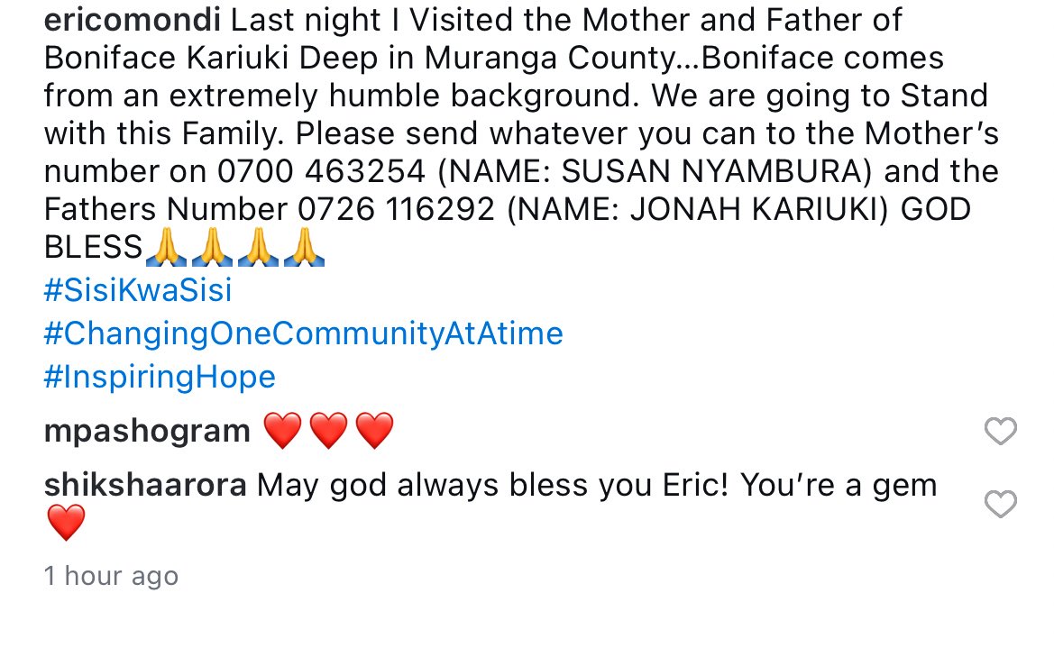 MpashoNews's tweet photo. “We are going to Stand with this Family. Please send whatever you can to the Mother's number on 0700 463254 (NAME: SUSAN NYAMBURA) and the Fathers Number 0726 116292 (NAME: JONAH KARIUKI) GOD BLESS.”
#SisiKwaSisi
#ChangingOneCommunityAtAtime
Eric Omondi https://t.co/X9pcNjFIYZ