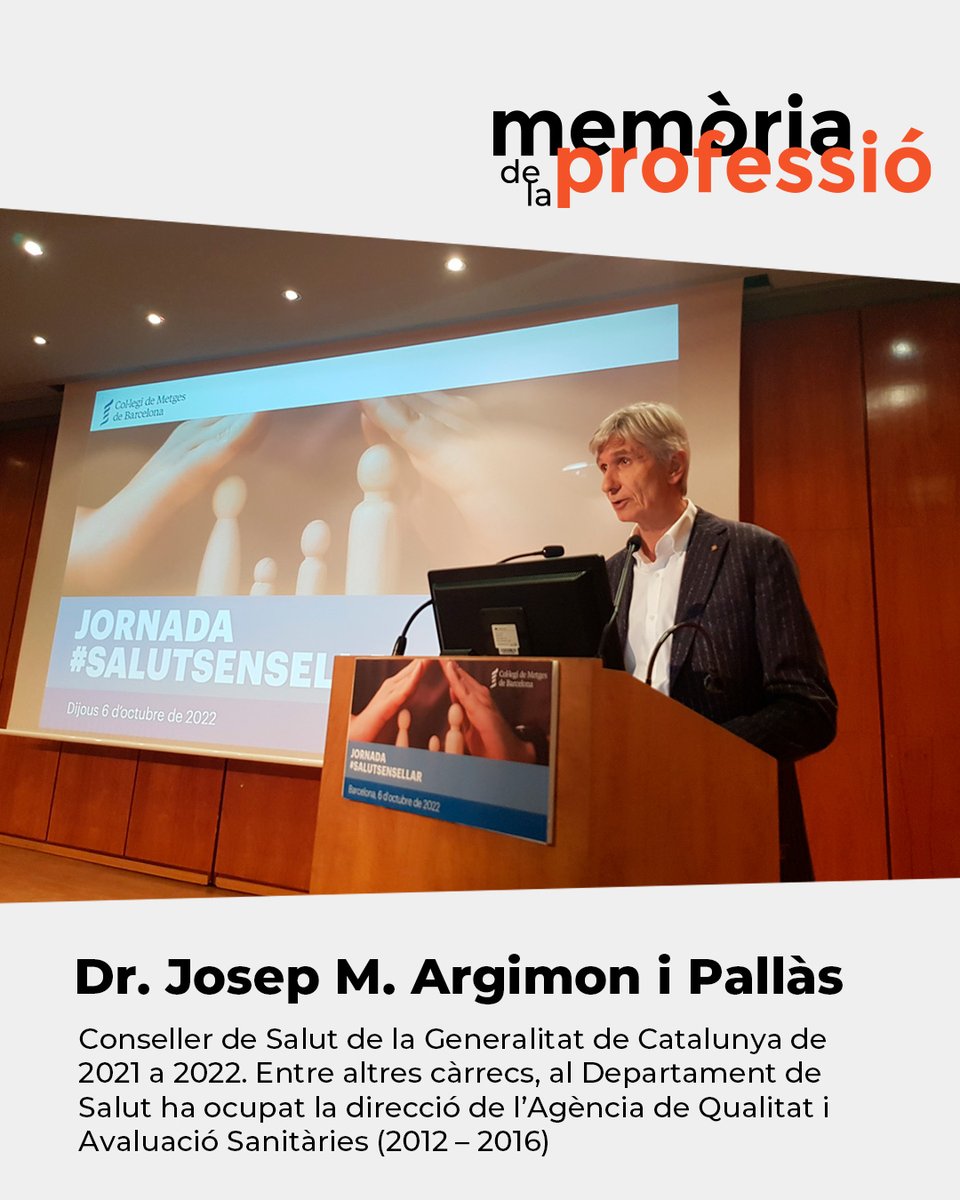 MHMedicinaCat's tweet image. 🔴 Dr. Josep M. Argimon i Pallàs, conseller de Salut de la Generalitat de Catalunya de 2021 a 2022. Entre altres càrrecs, al Departament de Salut ha ocupat la direcció de l’Agència de Qualitat i Avaluació Sanitàries (2012 – 2016).
👉ja.cat/jXy0Y
#MemòriaDeLaProfessió