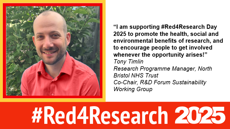 TheRDForum's tweet photo. Tony Timlin Co-Chair of @TheRDForum Sustainability Working Group is wearing red to support and promote the health, social and environmental benefits of research #Red4Research https://t.co/vALfw0Zu5M