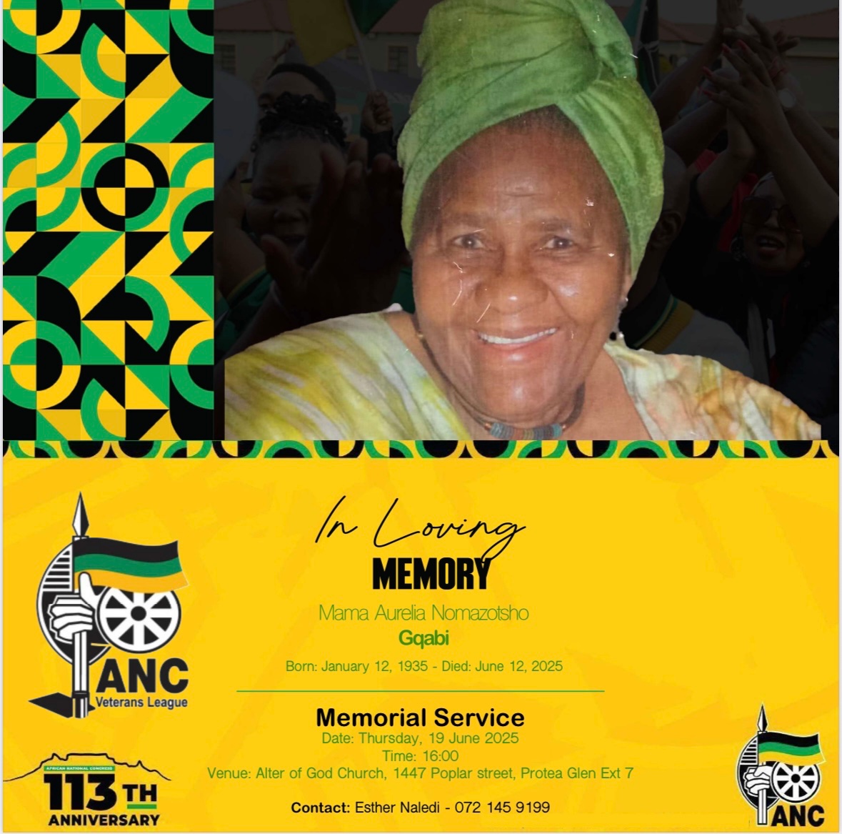 ANC’s 1st Deputy Secretary-General, Cde Nomvula Mokonyane, will deliver the keynote address at the memorial service of Mama Auriel Nomazotho Gqabi, a dedicated servant of the liberation movement.

Her address will reflect on Mama Auriel Nomazotho Gqabi’s life and times