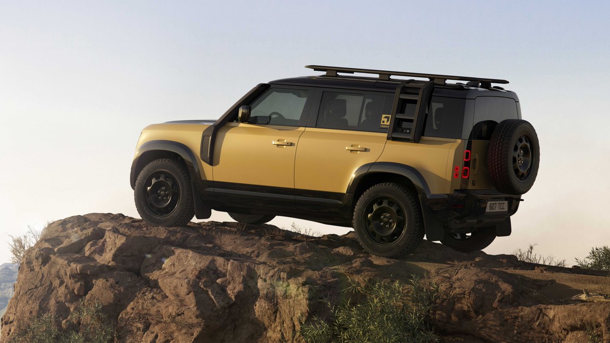 MotorBeam's tweet photo. Land Rover Defender 110 Trophy Edition: Key Highlights

• Land Rover introduces the Defender 110 Trophy Edition, inspired by classic Trophy and Challenge events.
• Available in two heritage-inspired colours – Deep Sandglow Yellow and Keswick Green.
• Built with an expedition-ready specification:
 – Gloss Black 20-inch alloy wheels with all-terrain tyres
 – Matte Protective Film (optional) for extra durability
 – Black roof ladder, side gear carrier and raised air intake (accessory options)
• Features unique Trophy branding inside and out – including decals, badging and illuminated treadplates.
• Interior includes Ebony Windsor Leather seats and a matching Cross Car Beam.
• Pricing starts from £89,810 OTR in the UK.

📍 Positioned as a limited-edition model supporting the global Defender Trophy adventure competition, with proceeds linked to conservation efforts via Tusk.