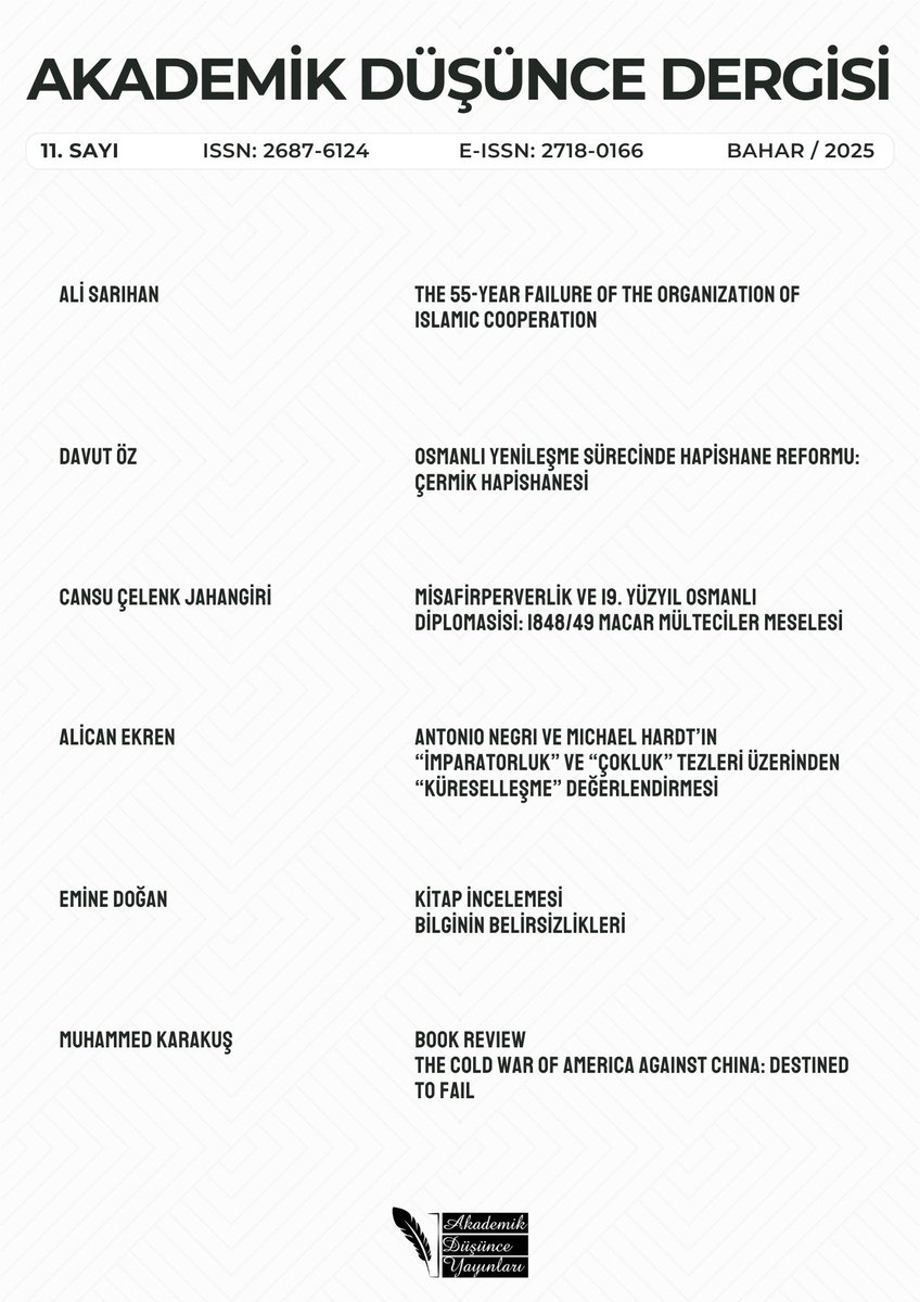 Dergimizin 11 inci sayısı erken görünümde yayımlanmıştır. 

Sayıya katkı sunan yazarlara, çalışmaları değerlendiren hakemlerimize teşekkür ederiz.

Sayımızı incelemek için👇

dergipark.org.tr/tr/pub/akademi…