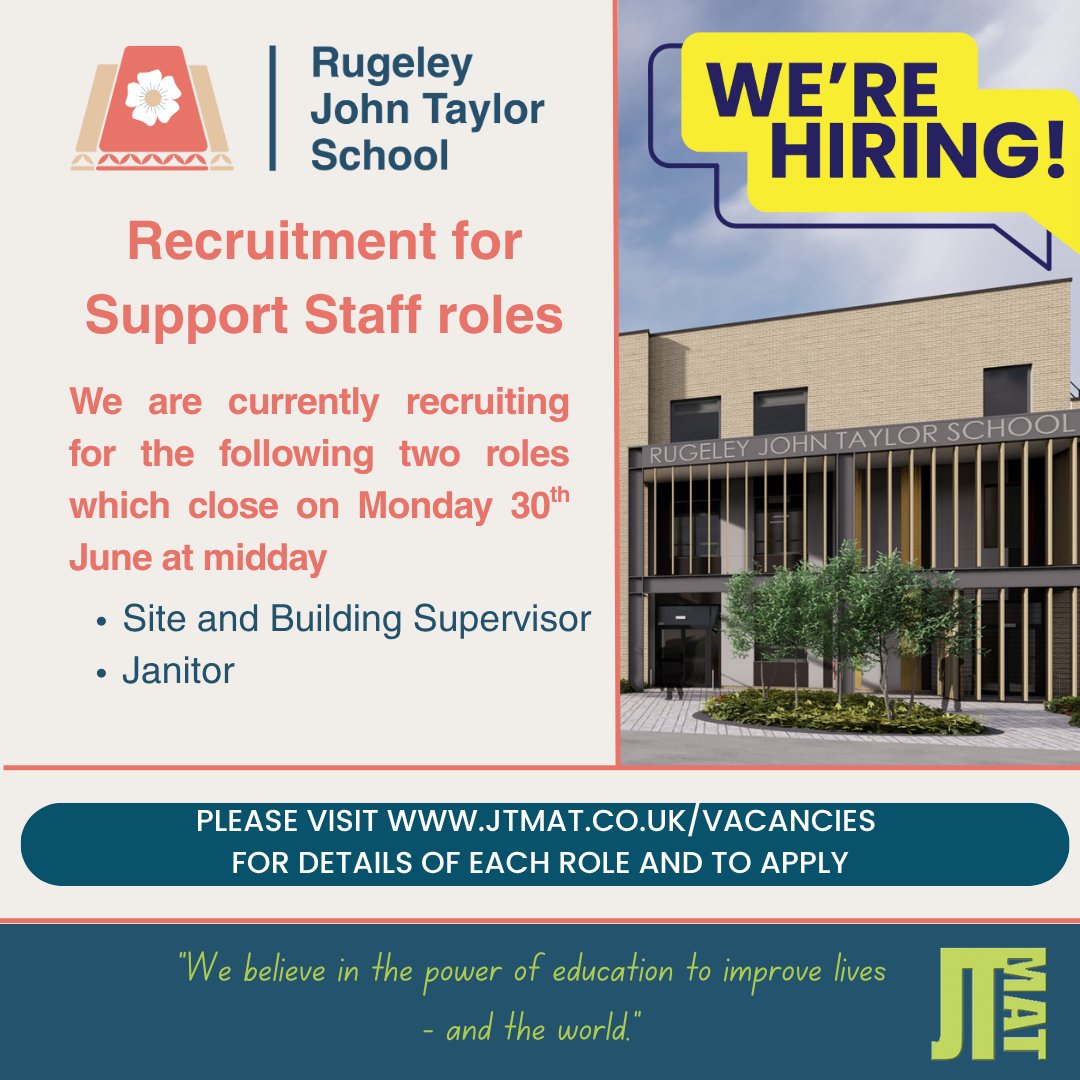 We are currently looking for 2 support staff roles to help manage and maintain the site of our newest school, Rugeley John Taylor which opens in September.
For more information on both roles and to apply please visit: jtmat.co.uk/vacancies/