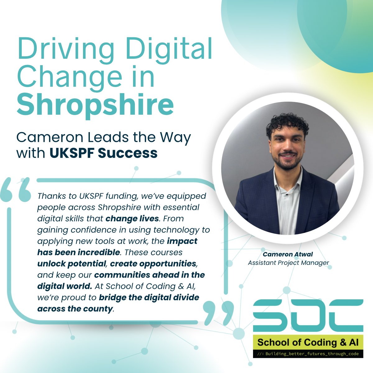schoolofcoding's tweet image. Exciting news from our team!

Our Project Manager Cameron Atwal has been featured in Invest in Shropshire, spotlighting the incredible progress we’ve made through UKSPF investment.

👉 Read more here: investinshropshire.co.uk/ukspf-investme…

#Shropshire #UKSPF #DigitalSkills #Innovation
