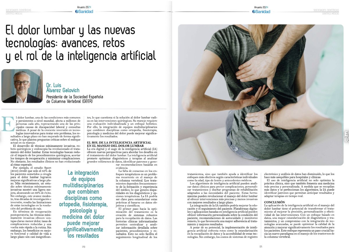 El dolor lumbar es una de las principales causas de discapacidad en el mundo 🌍.
Nuevas tecnologías, como la inteligencia artificial (IA), están transformando su diagnóstico y tratamiento. 🧠🤖
La IA permite analizar grandes volúmenes de datos para identificar patrones, predecir