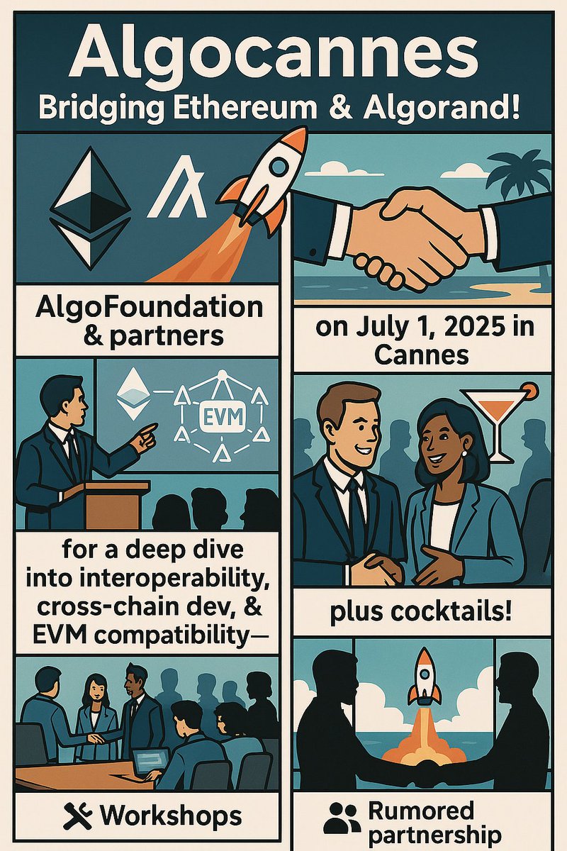 Henry Pham (@henryphampo) on Twitter photo 🚀 AlgoCannes: Bridging Ethereum & Algorand!
Join <a href="/AlgoFoundation/">Algorand Foundation</a> & partners on July 1, 2025 in Cannes for a deep dive into interoperability, cross-chain dev, & EVM compatibility—plus cocktails! 🍸
🔧 Workshops | 🤝 Networking | 🚀 Rumored partnership
#EthCC8 #Algorand #Web3 🚀 AlgoCannes: Bridging Ethereum & Algorand!
Join <a href="/AlgoFoundation/">Algorand Foundation</a> & partners on July 1, 2025 in Cannes for a deep dive into interoperability, cross-chain dev, & EVM compatibility—plus cocktails! 🍸
🔧 Workshops | 🤝 Networking | 🚀 Rumored partnership
#EthCC8 #Algorand #Web3