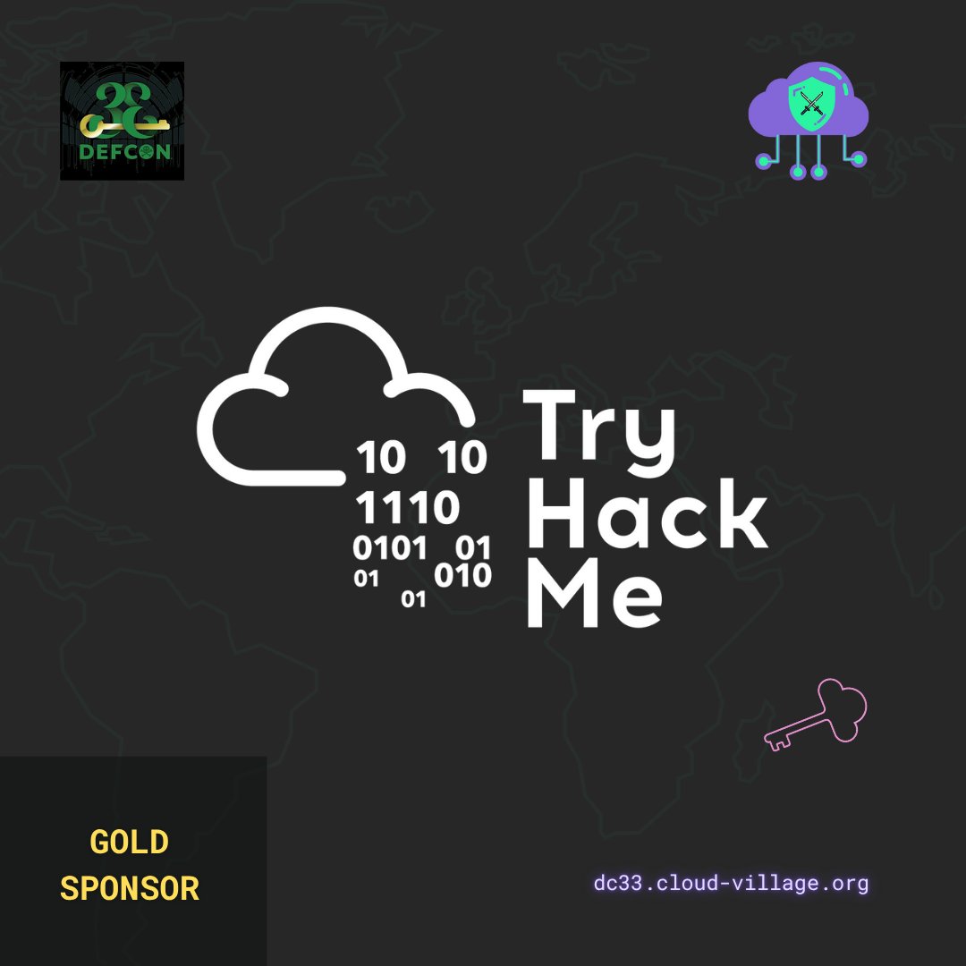 cloudvillage_dc's tweet photo. π₯ Big shoutout to @tryhackme β our Gold Sponsor for @cloudvillage_dc at @defcon 33! βοΈπ
Weβre pumped to have them onboard for a weekend of flags, fun, and all things cloud at #HackSummerCamp. Itβs going to be awesome!
#CloudVillage #DEFCON33 #TryHackMe #CyberSecurity https://t.co/ayO2Shllei