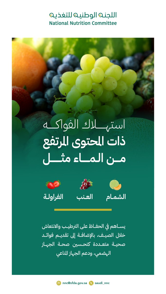 الفواكه الغنية بالماء كالعنب والشمام والفراولة، تُسهم في ترطيب الجسم خلال فصل الصيف، بالإضافة إلى فوائد صحية أخرى مثل دعم الجهاز المناعي.
#لصيف_صحي
#اللجنة_الوطنية_للتغذية