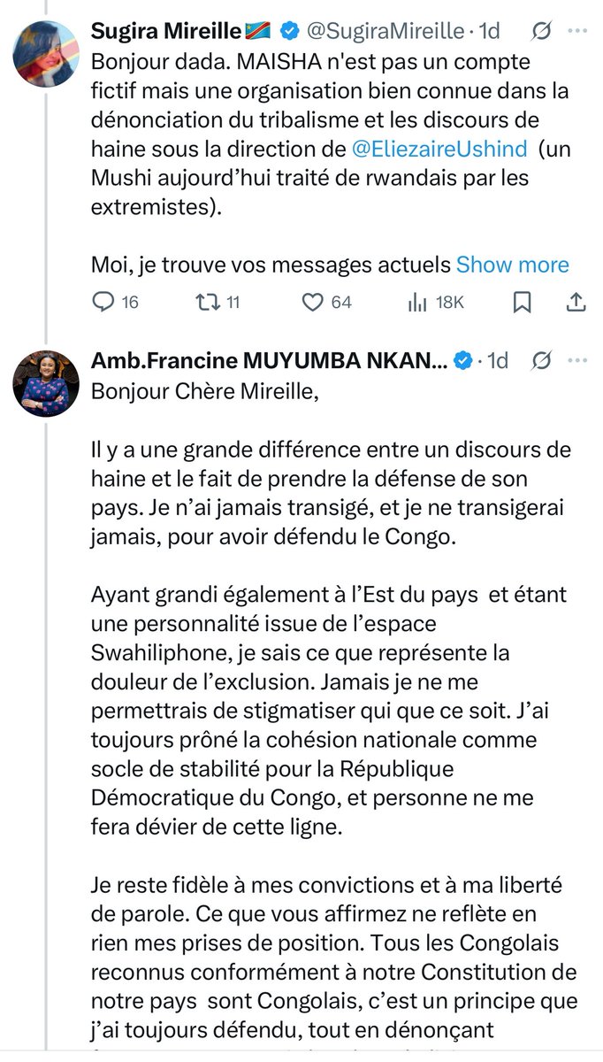 Francine Muyumba, qui semble entretenir une relation chaleureuse avec un compte pro-M23/Rwanda utilisant une fausse photo au nom de “Sugira Mireille”. Comment une “ambassadrice” congolaise peut-elle sympathiser avec ceux qui tuent son propre peuple ? Le PPRD trahit-il la nation!
