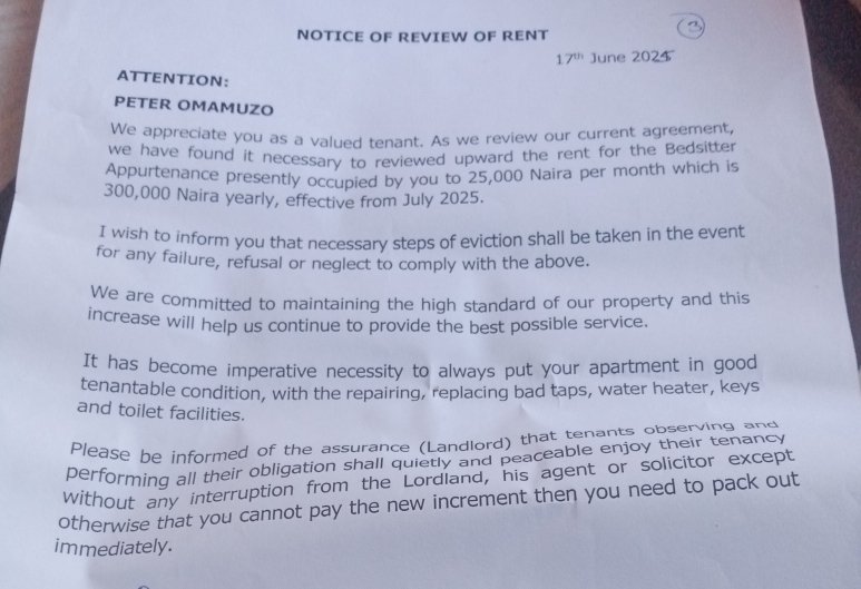 petermuzowriter's tweet photo. @yhemolee_ Please, I'm in a desperate situation. The attached image is the letter I received from my landlord this morning. The least he accepts is 6 months payment. I have no kobo at the moment to handle this. 

Please whatever amount you can help me with sir, would be God-sent. https://t.co/pskbdig2GQ