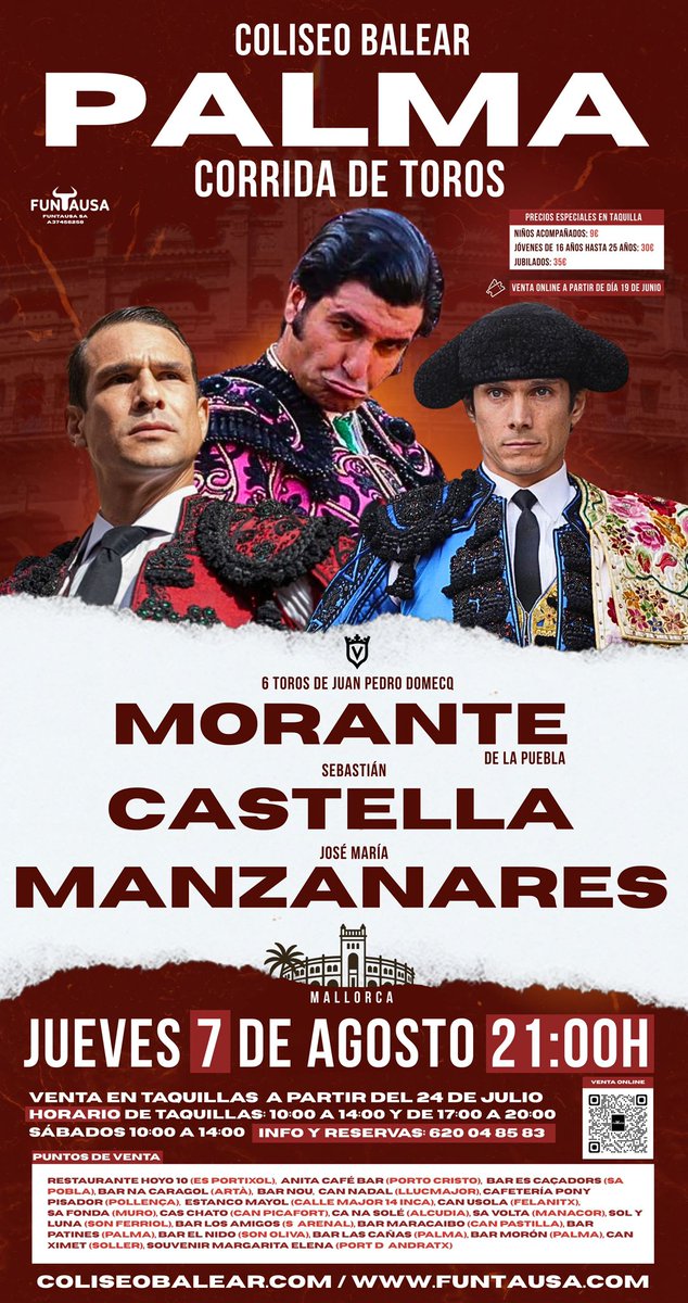 ✅️ TEMPORADA 2025

📍PALMA DE MALLORCA 

🗓️ 7 de agosto

🦬 6  #JuanPedroDomecq 

👤 Morante de la Puebla 
👤 Sebastián Castella
👤 José María Manzanares 

#Temporada2025
#ElPrivilegiodelCampoBravo