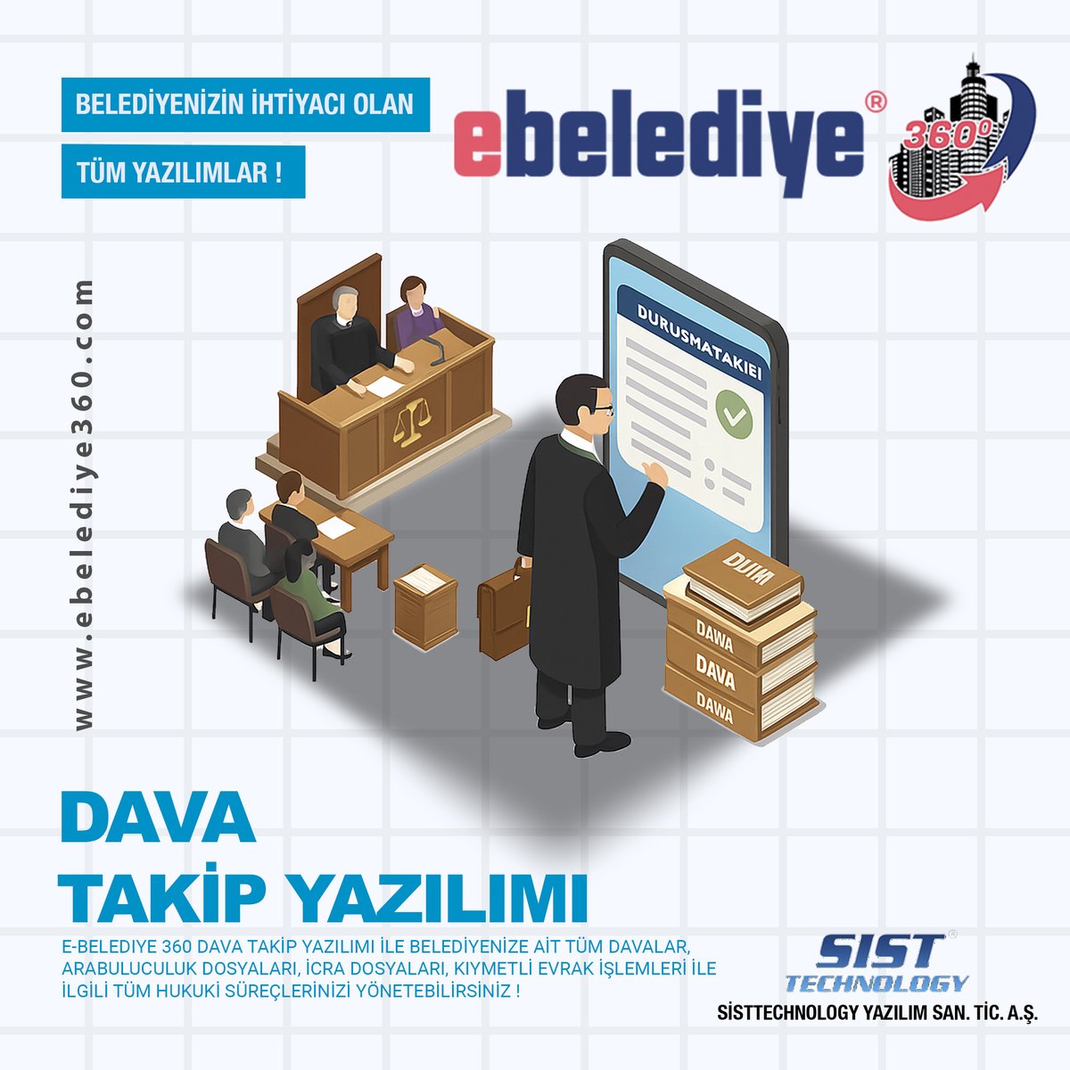 E-Belediye 360 Dava Takip Yazılımı İle belediyenize ait tüm davalar, arabuluculuk dosyaları, icra dosyaları, kıymetli evrak işlemleri ile ilgili tüm hukuki süreçlerinizi yönetebilirsiniz !

Detaylı Bilgi İçin : ebelediye360.com