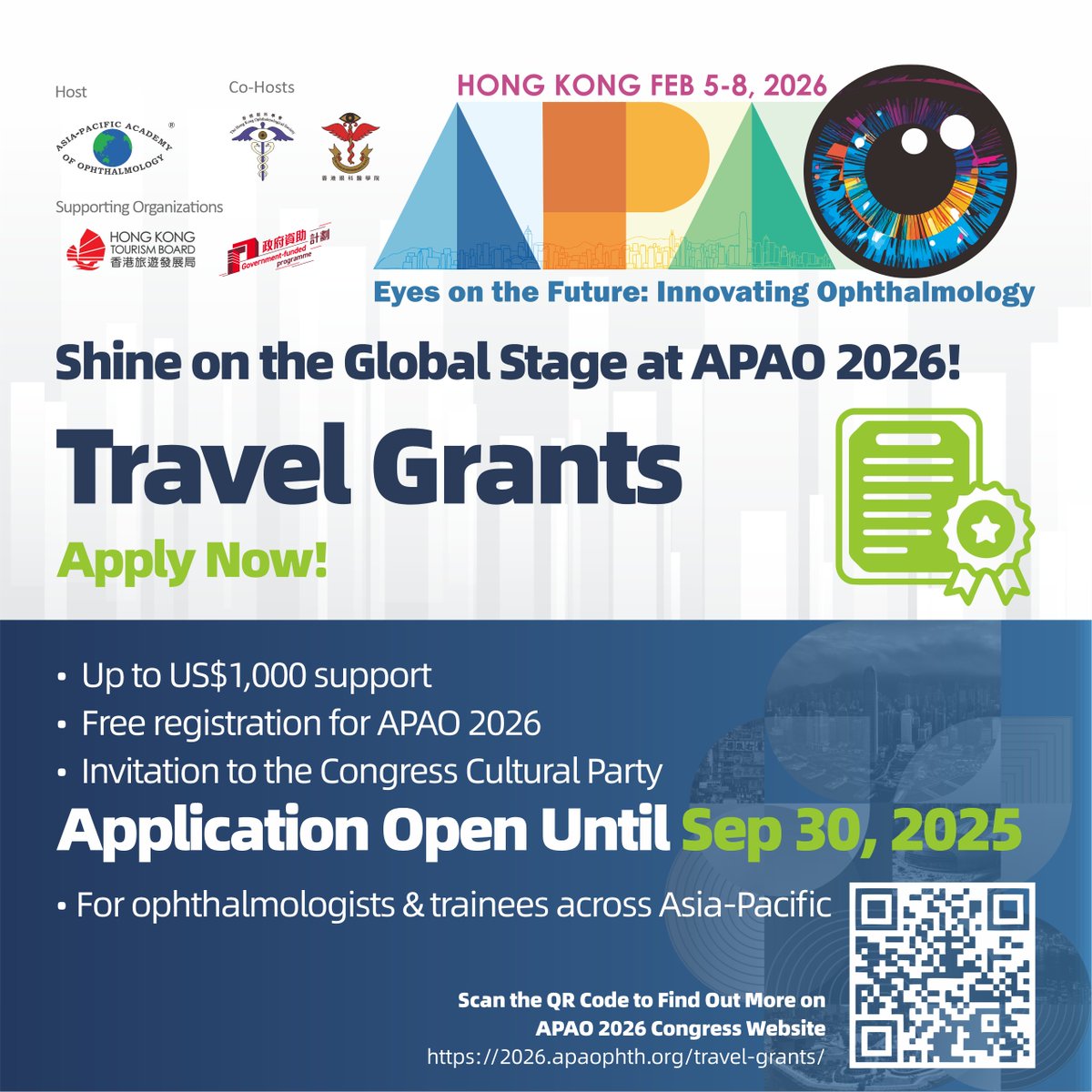 📷Unlock APAO 2026 in HK!

Dream of attending the Asia-Pacific's premier ophthalmology congress (Feb 5-8) but need funding? The APAO Travel Grant could be your ticket!

📅Application deadline: Sep 30, 2025
📍Grant info: bit.ly/44niPED

#APAO2026 #Ophthalmology  #HK