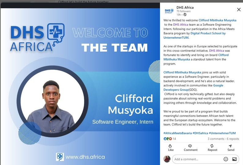 MountKenyaUni's tweet image. Congratulations, Clifford Mbithuka Musyoka!
We’re incredibly proud to celebrate our student, Clifford on his selection as a Software Engineering Intern at DHS Africa, following his outstanding participation in the Africa Meets Bavaria program.
Clifford's' internship at DHS…