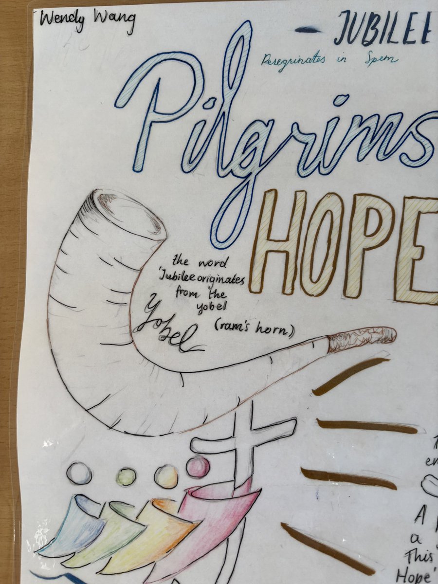 BEAUTIFUL piece of artwork by <a href="/St_Rochs/">St Roch's Secondary</a> pupil Wendy on Jubilee 2025: Pilgrims of Hope! Featuring the official mascot Luce, &amp; symbols like the scallop shell and yobel horn, and an explanation of the Catholic tradition of Jubilee. #Jubilee2025 #CatholicEducation ✝️🕊️🎨 <a href="/rercag/">RE Office</a>