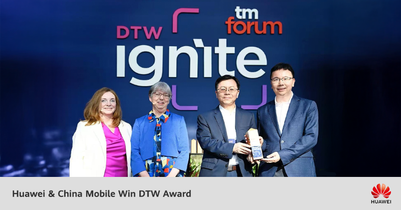 Huawei's tweet photo. At DTW 2025, #Huawei and China Mobile have won the Excellence Award for #AutonomousNetworks with their End-to-End Autonomous Network Operation Center solution for advancing the telecom industry toward level 4 autonomy. #DTWIgnite #AutonomousDrivingNetwork #HuaweiNews @TMForumOrg