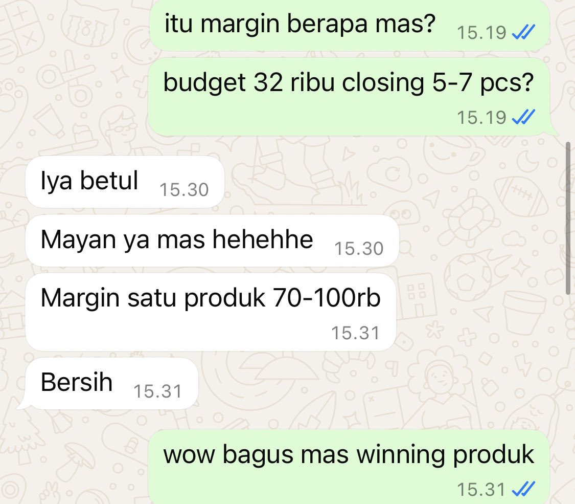 selalu happy kalau ada peserta workshop yg ngabarin profit, apalagi bisa sampe 2 digit/bulan.
smg ilmu yg saya share ada manfaatnya 🙏🏻🙏🏻🙏🏻
Alhamdulillah katanya doi ngiklan sehari cm 32 ribu closing 5-7 pcs margin bisa sampe 100 ribu. winning produk ini keren masnya jago riset