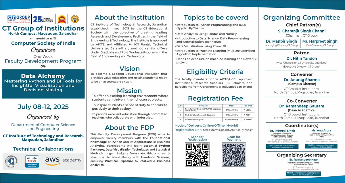 CT_northcampus's tweet photo. CT Group of Institutions, North Campus, Maqsudan, Jalandhar! in association with Computer Society of India(CSI) is Organizing a One Week Faculty Development Program (FDP) on: Data Alchemy: "Mastering Python and BI Tools for Insightful Visualization and Decision-Making” https://t.co/d9sr03wqlX