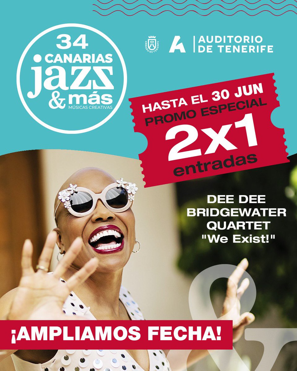 🎤 ¡Dee Dee Bridgewater en Tenerife!
El 4 de julio en @auditoriodetf, la leyenda del jazz presenta “We Exist!”, junto a un cuarteto de mujeres que conectan música y activismo.

🎟️ ¡AMPLIAMOS EL 2x1!
Entradas en 👉 auditoriodetenerife.com hasta el 30 de junio.
#CanariasJazzYMás