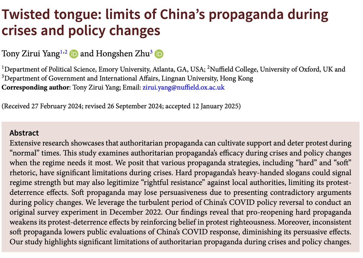 Hongshen Zhu (@hongshenzhu) on Twitter photo In December 2022, Chinese official propaganda on COVID policy made a sharp U-turn. How did these contradictory messages from the policy shift impact citizens’ perceptions? We find "soft" ones lost persuasiveness while "hard" ones more strongly deterred protests. <a href="/PSRMJournal/">PSRM Journal</a> In December 2022, Chinese official propaganda on COVID policy made a sharp U-turn. How did these contradictory messages from the policy shift impact citizens’ perceptions? We find "soft" ones lost persuasiveness while "hard" ones more strongly deterred protests. <a href="/PSRMJournal/">PSRM Journal</a>