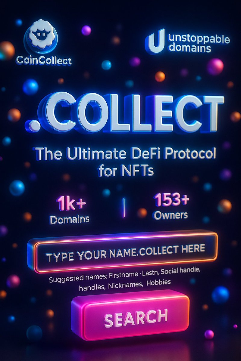 𝗖𝗼𝗶𝗻𝗖𝗼𝗹𝗹𝗲𝗰𝘁 (@coincollectorg) on Twitter photo 🚀 CoinCollect × <a href="/unstoppableweb/">Unstoppable Domains</a> — .COLLECT is TAKING OFF!
We’ve already smashed 1 000+ domain mints since launch ⚡️
If you don’t lock in yourname.collect now, someone else will grab it first.
Why mint today?
💎 Permanent on-chain brand identity
🔑 NFT-gated perks & DeFi 🚀 CoinCollect × <a href="/unstoppableweb/">Unstoppable Domains</a> — .COLLECT is TAKING OFF!
We’ve already smashed 1 000+ domain mints since launch ⚡️
If you don’t lock in yourname.collect now, someone else will grab it first.
Why mint today?
💎 Permanent on-chain brand identity
🔑 NFT-gated perks & DeFi