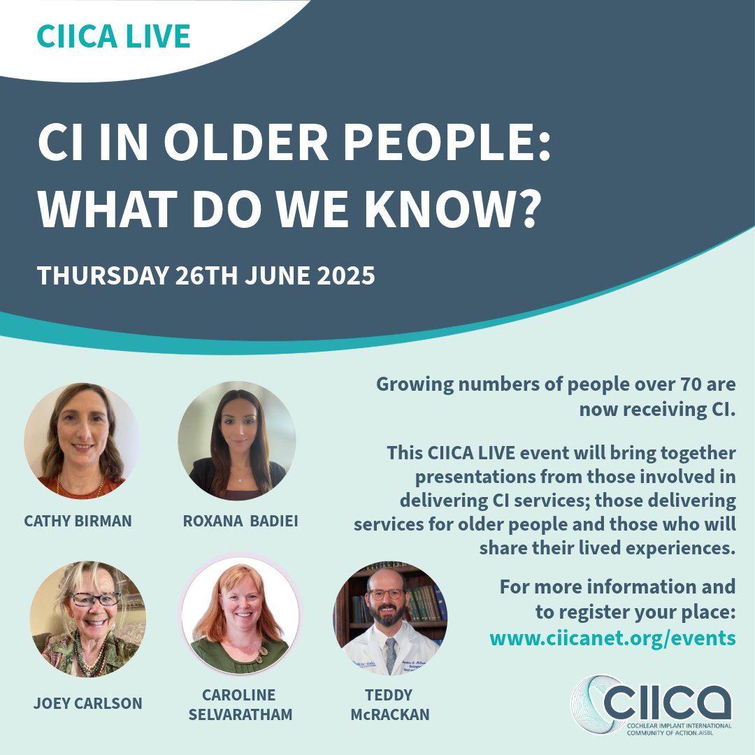 With an increasing ageing population our upcoming CIICA LIVE online event brings together a range of experts on CI and ageing to present us with some of the major issues.  Join us on 26th June - there's still time to register! ciicanet.org/events/ciica-l…