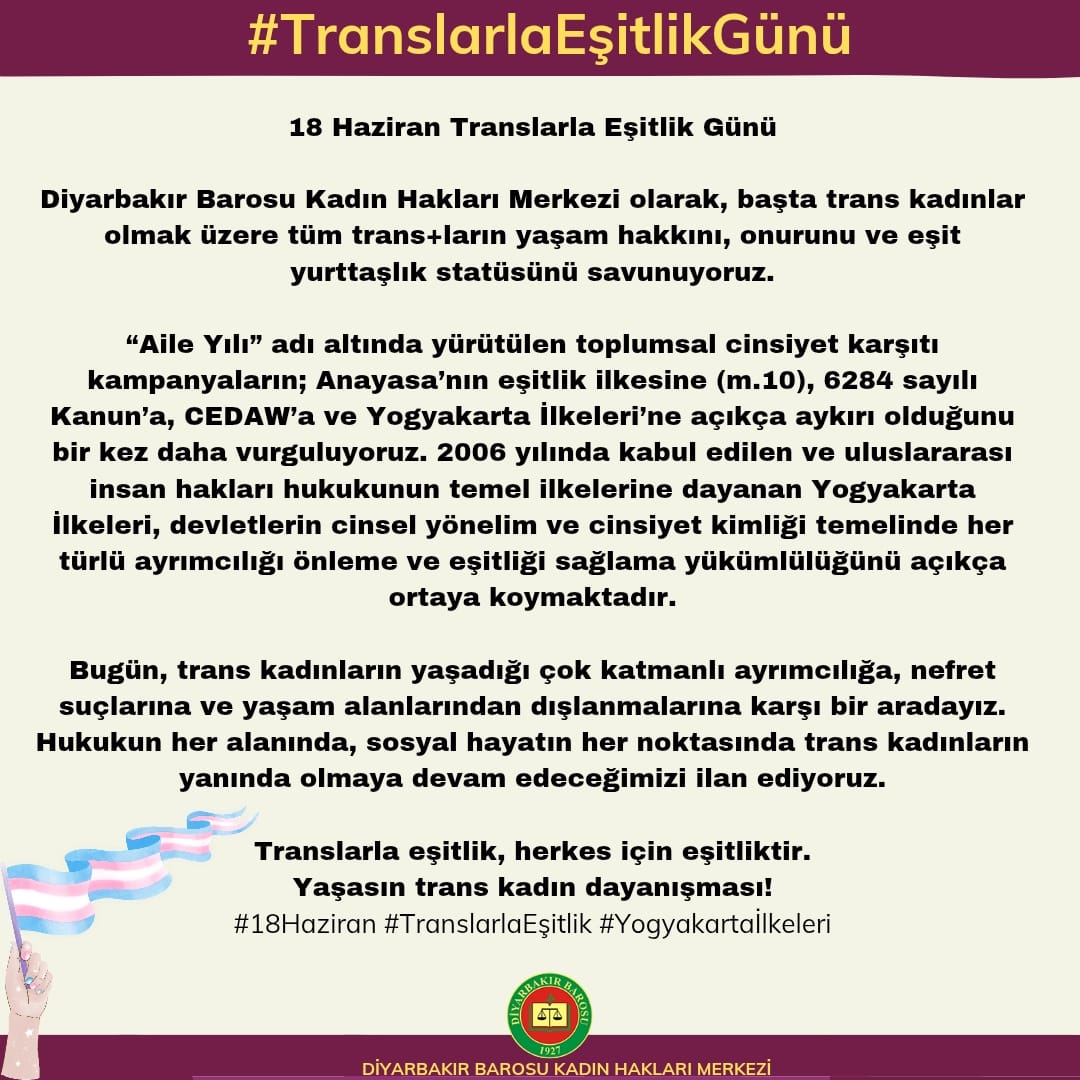 dbkadinhaklari's tweet photo. Trans kadınların yaşadığı çok katmanlı ayrımcılığa, nefret suçlarına ve yaşam alanlarından dışlanmalarına karşı bir aradayız. Translarla eşitlik, herkes için eşitliktir.
Yaşasın trans kadın dayanışması!

#18Haziran #TranslarlaEşitlik #Yogyakartaİlkeleri https://t.co/ig3Zt5B63F